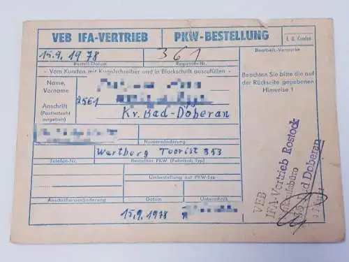 DDR PKW Bestellung Wartburg Tourist 353 von 1978