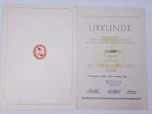 DDR Urkunde Ehrentitel Aktivist des Siebenjahrplans 1967