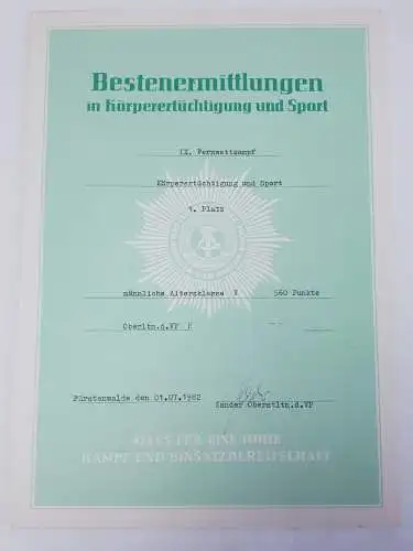 Urkunde VoPo IX.Fernwettkampf AK V Männer 1982