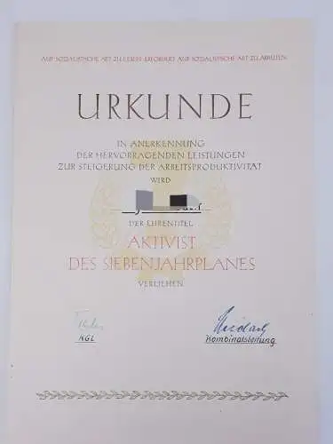 DDR Urkunde Ehrentitel Aktivist des Siebenjahrplans