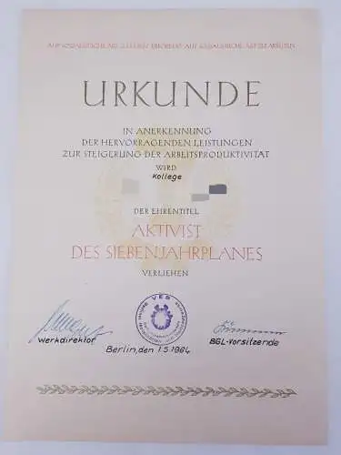 DDR Urkunde Ehrentitel Aktivist des Siebenjahrplanes 1964