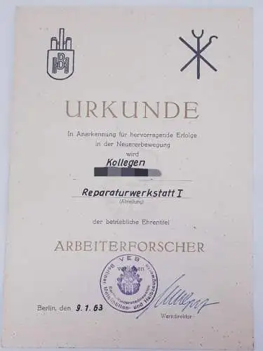DDR Urkunde Betrieblicher Ehrentitel "Arbeiterforscher" 1963