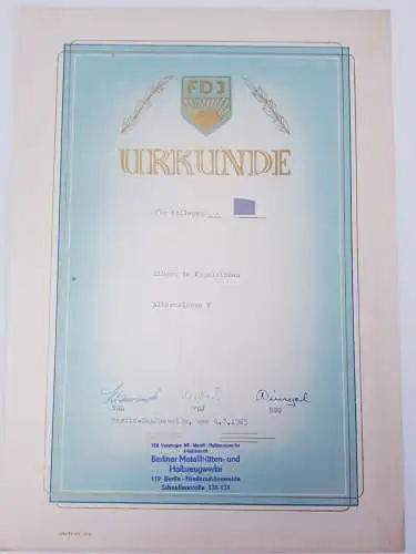 Urkunde FDJ Kugelstoßen AK V 1965