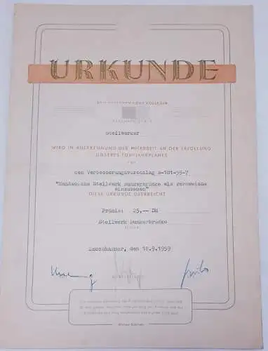 DDR Urkunde Mitarbeit an 5-Jahresplan Stellwerk Bunkerbrücke Lauchhammer 1959