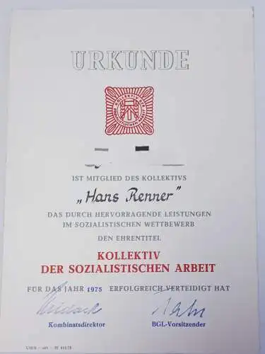 Urkunde Verteidigung Ehrentitel Kollektiv der sozialistischen Arbeit 1975