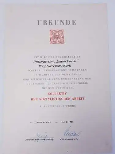 Urkunde Ehrentitel Kollektiv der soz. Arbeit Meisterbereich Rudolf Renner Hauptwerkstatt Kokerei Lauchhammer 1965