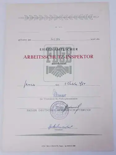 Urkunde FDGB Ehrenamtlicher Arbeitsschutzinspektor 1964