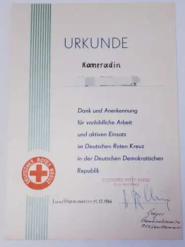 DDR DRK Urkunde Dank und Anerkennung ...Lauchhammer 1966