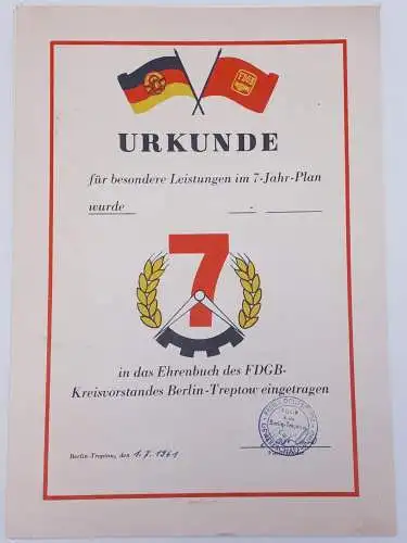 Urkunde 7-Jahr-Plan Eintragung Ehrenbuch FDGB Kreisvorstand Berlin Treptow 1961