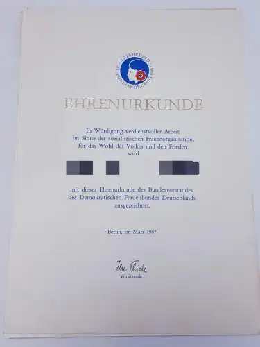 DDR Ehrenurkunde Demokratischer Frauenbund Deutschland 1987