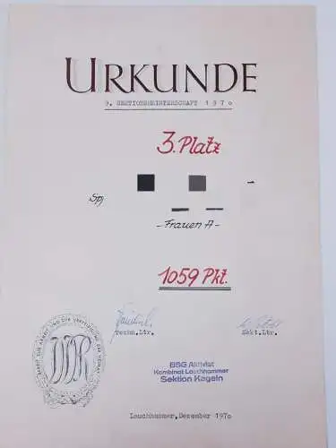 DDR Urkunde 9.Sektionsmeisterschaft 1970 Kegeln Lauchhammer