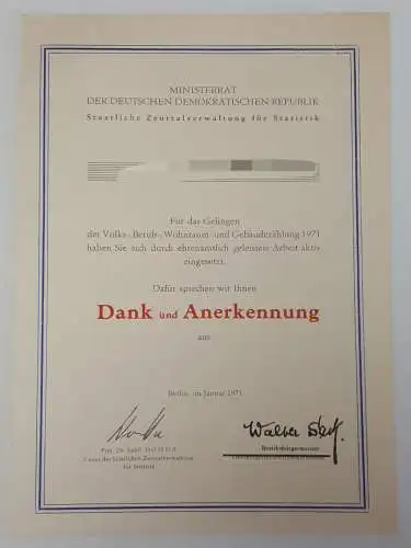 DDR Urkunde Volks-,Berufs-,Wohnraum- und Gebäudezählung 1971