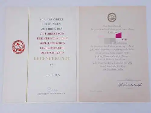 DDR SED Ehrenurkunde 20.Jahrestag der Gründung der SED