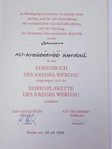 SED Urkunde Eintragung in das Ehrenbuch Kreis Werdau und Verleihung der Ehrenplakette