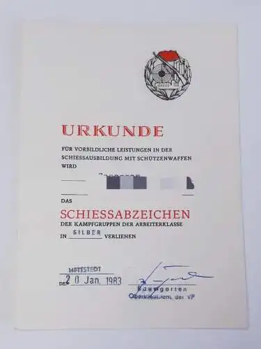 DDR Kampfgruppen Urkunde für Schießabzeichen in Silber