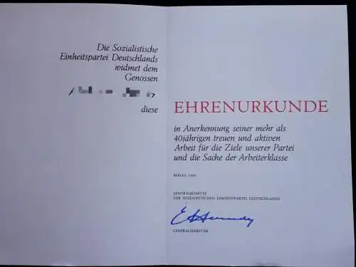 DDR SED Ehrenurkunde 40jährige treue und aktive Arbeit 1986