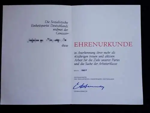 DDR SED Ehrenurkunde 40jährige treue und aktive Arbeit 1987
