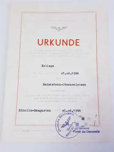 DDR DR Deutsche Reichsbahn Urkunde Reichsbahn Oberassistent 1984