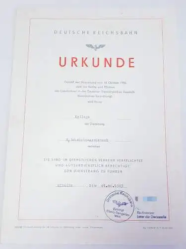 DDR DR Deutsche Reichsbahn Urkunde Reichsbahn Assistent 1983 