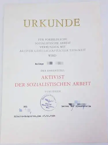 DDR Urkunde Aktivist der sozialistischen Arbeit Ribnitz Damgarten 1984