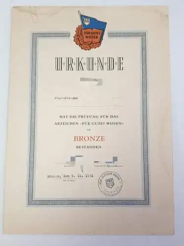 DDR Urkunde FDJ Für gutes Wissen in Bronze 1951