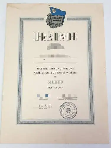 DDR Urkunde FDJ Für gutes Wissen in Silber 1953