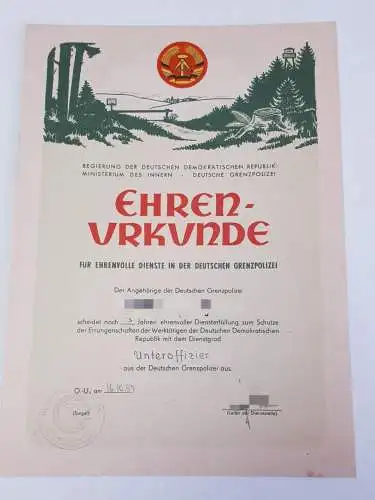 DDR MdI Ehrenurkunde Für ehrenvolle Dienste in der deutschen Grenzpolizei 1957