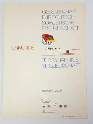 DDR Urkunde Gesellschaft f. Deutsch-sowjetische Freundschaft 25jährige Mitgliedschaft 