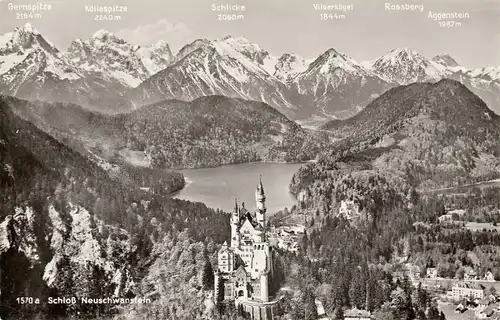 [Ansichtskarte] AK Schloss Castle Neuschwanstein Ansicht 1955 Berge Füssen Hopfen Hopferau Rieden. 