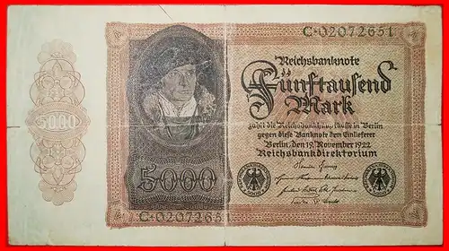 * REICHSBANKNOTE: DEUTSCHLAND ★ 5000 MARK 1922! UNGEWÖHNLICH! * GERMANY ★ UNCOMMON