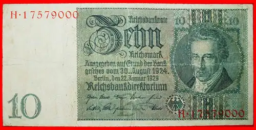 * REICHSBANKNOTE: DEUTSCHLAND ★ 10 MARK 1929! N  * GERMANY ★ 