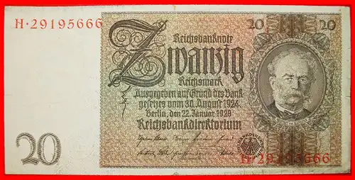 * REICHSBANKNOTE:  DEUTSCHLAND ★ 20 MARK 1929! N  * GERMANY ★ 