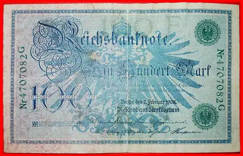 * REICHSBANKNOTE: DEUTSCHLAND ★  100 MARK 1908! * GERMANY ★ 