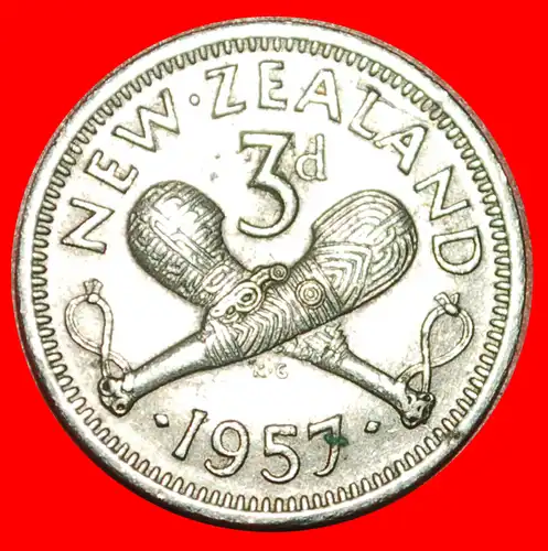 * GEKLEIDET KÖNIGIN: NEUSEELAND ★ 3 PENCE 1957 WAFFE! * NEW ZEALAND 