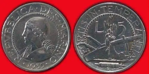 * SELTEN: SAN MARINO ★ 5 LIRE 1935 SILBER PFLUG! * SCARCE