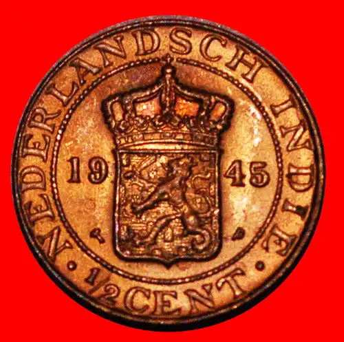 * USA TYP 1914-1945: NIEDERLÄNDISCH-INDIEN ★ 1/2 CENT 1945P! WILHELMINA (1890-1948) STG STEMPELGLANZ!  * NETHERLANDS EAST INDIES ★ 