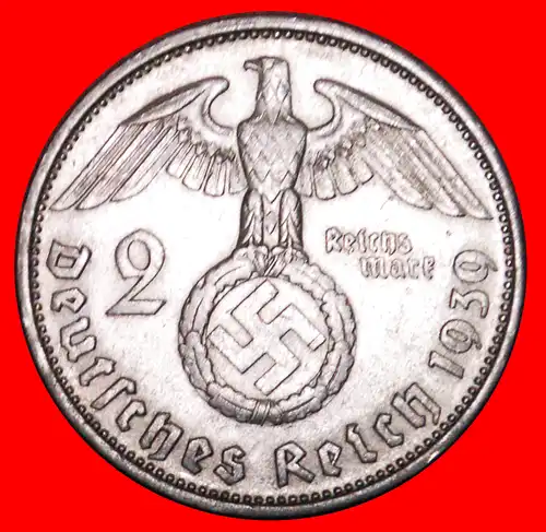 * HINDENBURG (1847-1934): DEUTSCHLAND ★ 2 REICHSMARK 1939F! SILBER! * THIRD REICH: GERMANY ★ SILVER!