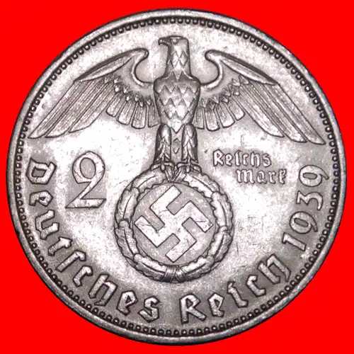 * HINDENBURG (1847-1934): DEUTSCHLAND ★ 2 REICHSMARK 1939J! SILBER! * THIRD REICH: GERMANY ★ SILVER!