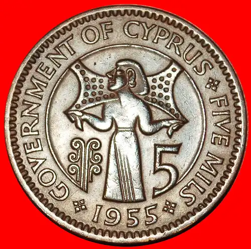 * GROSSBRITANNIEN (1955-1956): ZYPERN ★ 5 MILS 1955 ARCHÄISCHES GELD!  * GREAT BRITAIN: CYPRUS ★ 