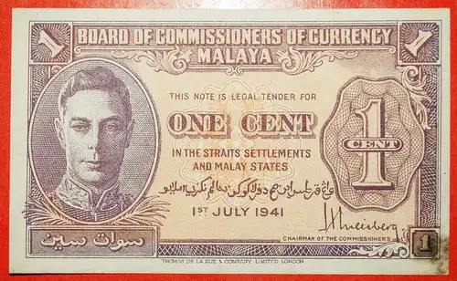 * KRIEGSZEIT (1939-1945): MALAYA ★1 CENT 1941 (1945)! KNACKIG! GEORG VI. (1937-1952)