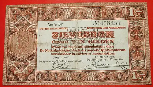 * SILBER NOTE: NIEDERLANDE ★ 1 GULDEN 1938! WILHELMINA (1890-1948) * SILVER NOTE: NETHERLANDS ★