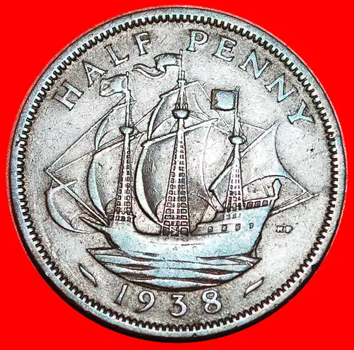 * SCHIFF: GROSSBRITANNIEN ★ HALBER PENNY 1938! GEORG VI. (1937-1952) * SHIP: UNITED KINGDOM★ GREAT BRITAIN 