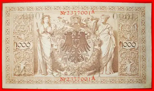 * REICHSBANKNOTE: DEUTSCHLAND ★ 1000 MARK 1910 ROTE SIEGEL (1910-1916)! * GERMANY ★