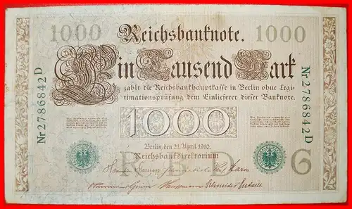 * REICHSBANKNOTE: DEUTSCHLAND ★ 1000 MARK 1910 ROTE SIEGEL (1910-1916)! * GERMANY ★