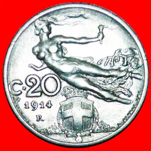 * FLACHE FACKEL (1907-1935): ITALIEN ★ 20 CENTESIMOS 1914R! ENTDECKUNG MÜNZE! * FLYING TORCH: ITALY ★  DISCOVERY COIN!