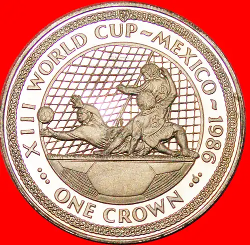 * GROSSBRITANNIEN: INSEL MAN ★ ★ 1 CROWN 1986 FUSSBALL! UNGEWÖHNLICHER PP! TORWART! * GREAT BRITAIN: ISLE OF MAN ★ UNCOMMON!