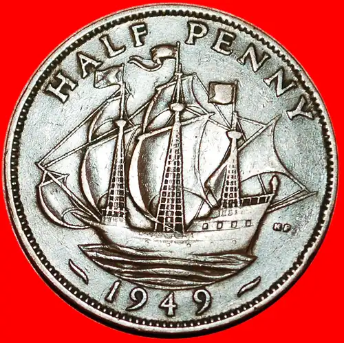 * SCHIFF OHNE IND.IMP!: GROSSBRITANNIEN ★ HALBER PENNY 1949 GEORG VI. (1937-1952)! INTERESSANTER TYP! * SHIP★ GREAT BRITAIN ★ 