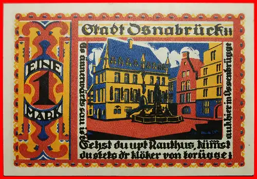 * RATHAUS: DEUTSCHLAND OSNABRÜCK ★  1 MARK 1921 UNGEWÖHNLICH! KFR KNACKIG! * GERMANY  OSNABRUECK ★UNCOMMON! 