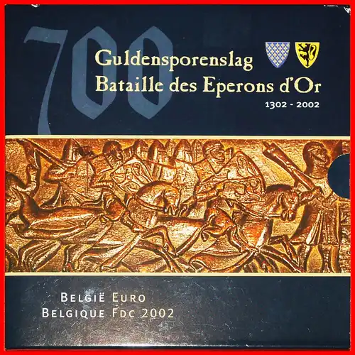 * GOLDENE-SPOREN-SCHLACHT 1302 SIEG ÜBER FRANKREICH:  BELGIEN ★ Kursmünzensatz 2002 (8 MÜNZEN+ MEDAILLE) UNGEWÖHNLICH! * GOLDEN SPURS VICTORY OVER FRANCE: BELGIUM ★UNCOMMON!