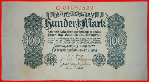 * REICHSBANKNOTE: DEUTSCHLAND ★ 100 MARK 1922 SERIEN-BUCHSTABE C! KNACKIG!   * GERMANY ★